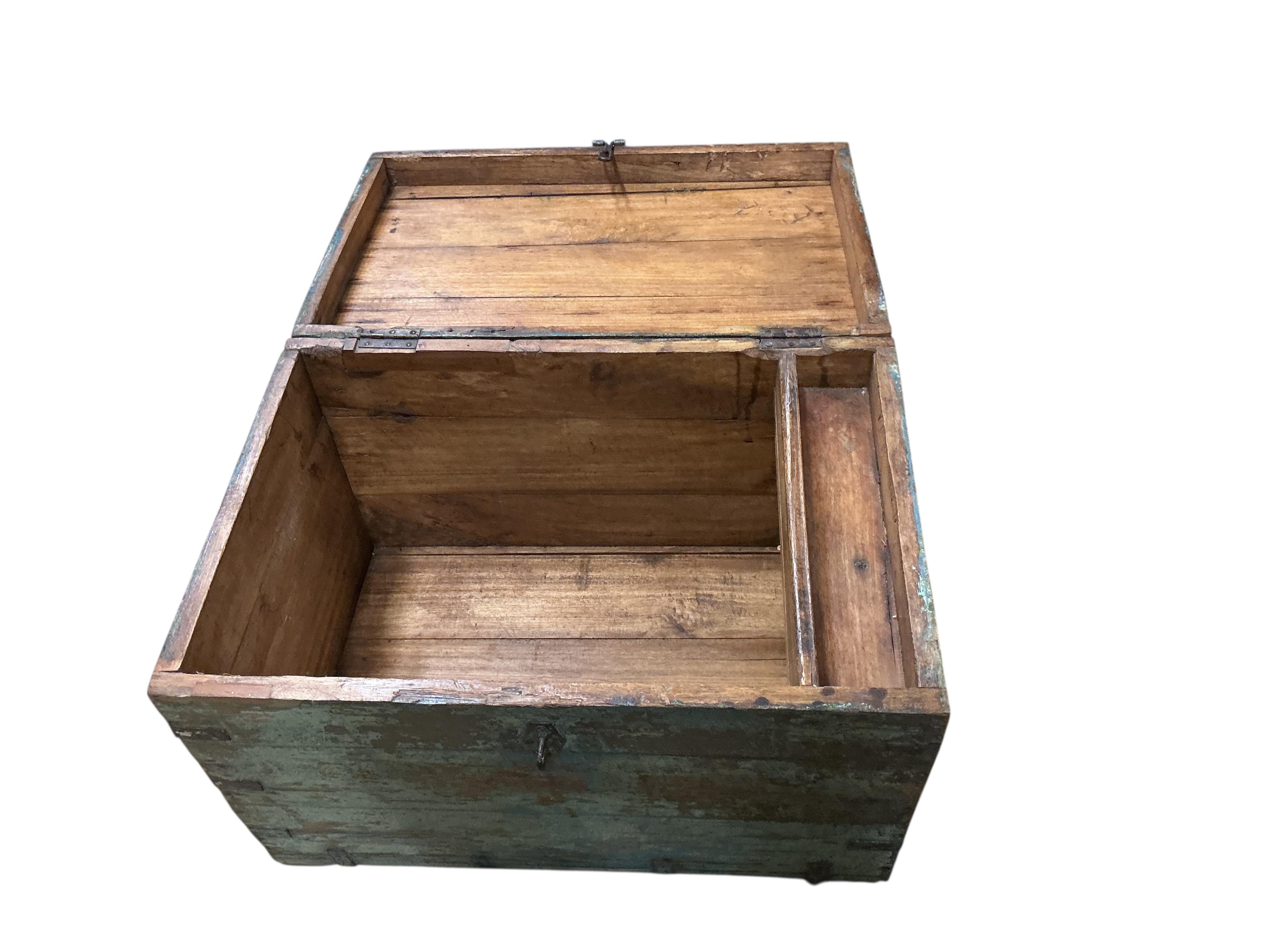 A painted iron bound hardwood trunk, width 66cm, depth 44cm, height 47cm together with two small boxes